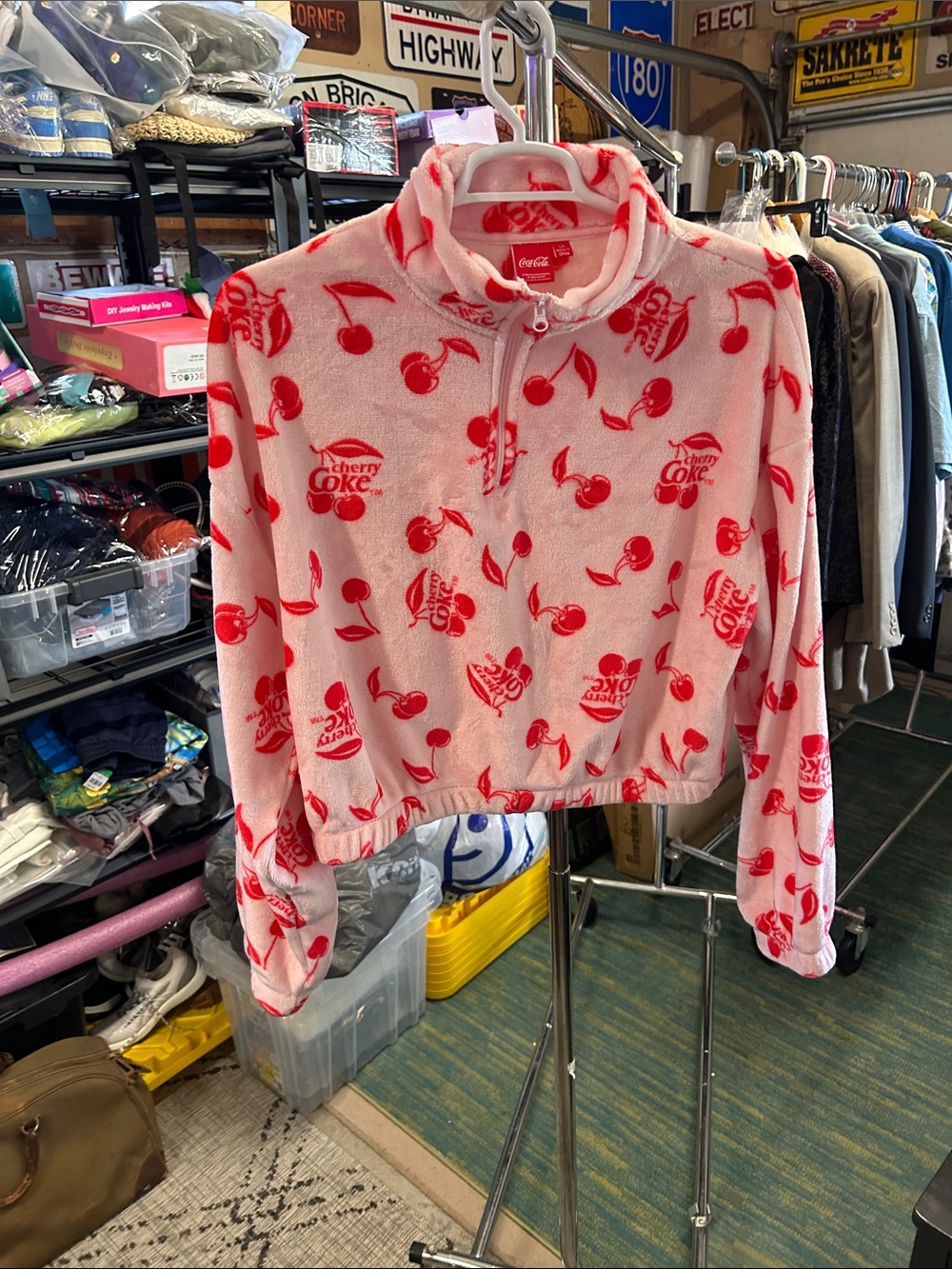 Coca Cola Pink and Red Cherry Logo Quarter-Zip Fleece Pullover